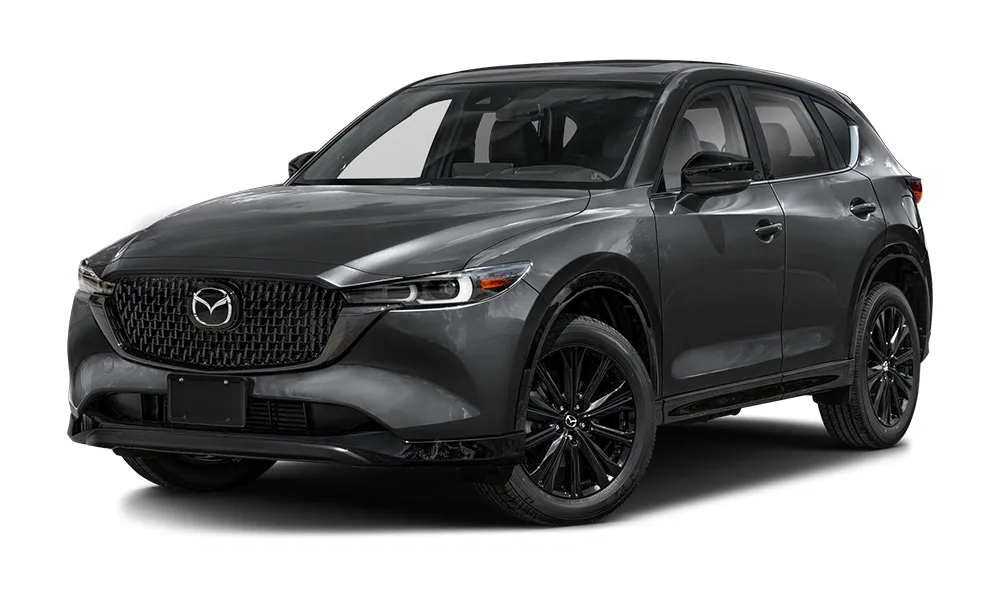 Black 2025 Mazda CX-50 Hybrid SUV pictured from a front-side angle, showcasing its rugged yet refined styling, flared fenders, sleek LED headlights, and high ground clearance—designed for both everyday comfort and off-road adventure.