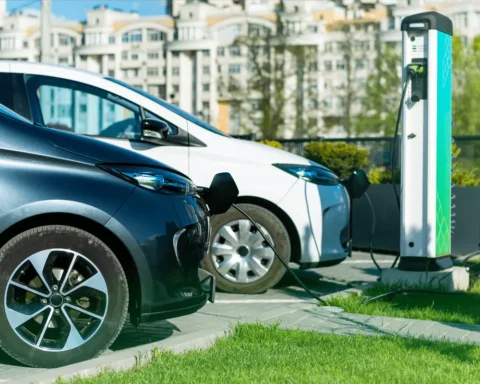 Two electric cars charging at a public charging station in an urban setting, with buildings in the background and green grass in the foreground.