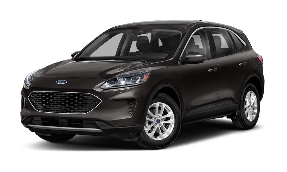 2025 Ford Escape Hybrid in a deep brown finish, viewed from a front-side angle. The compact SUV features a rounded front grille with a honeycomb pattern, sleek headlights, silver alloy wheels, and a modern, aerodynamic body design.