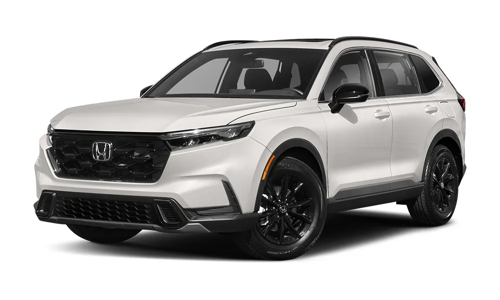 2025 Honda CR-V in a sleek white finish, shown from a front-side angle. The SUV features black alloy wheels, a bold black grille with the Honda emblem, sharp LED headlights, and a modern, athletic design.