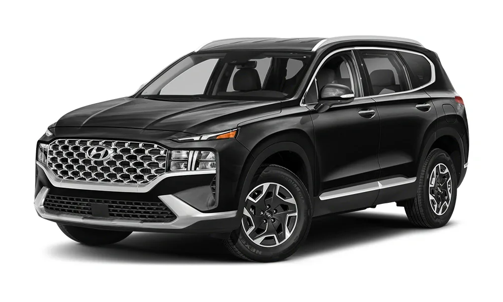 2025 Black color Hyundai Santa Fe Hybrid shown from a front-side angle, featuring a bold cascading grille, sharp LED headlights, sculpted body lines, and a sleek, modern SUV profile. The vehicle blends rugged design with eco-friendly hybrid technology.