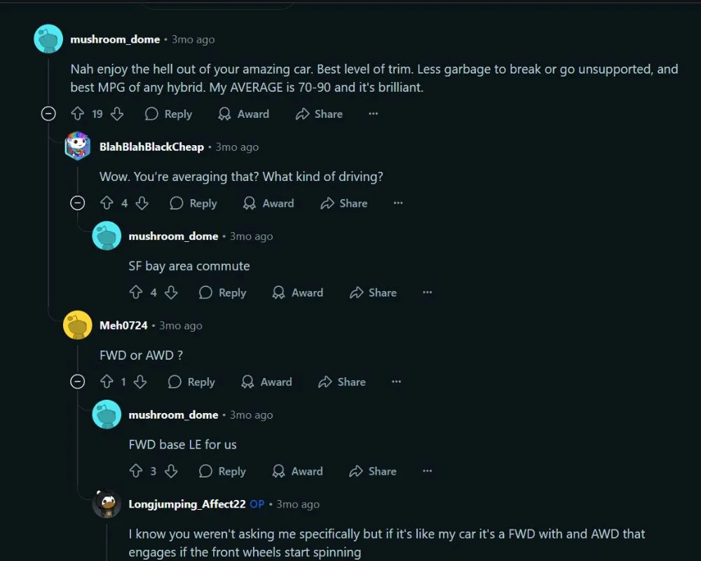 screenshot of a reddit thread about Toyota Prius with users talking about the 