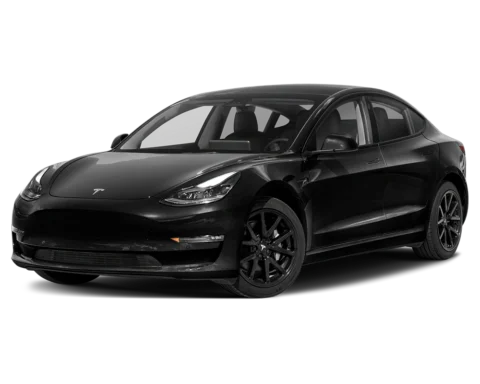 Front-side view of a 2023 Tesla Model 3 electric sedan in black, featuring a minimalist design with sleek LED headlights, aerodynamic curves, and black alloy wheels.