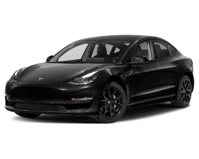Front-side view of a 2023 Tesla Model 3 electric sedan in black, featuring a minimalist design with sleek LED headlights, aerodynamic curves, and black alloy wheels.