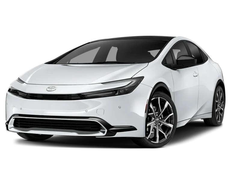 Front-side view of a white 2025 Toyota Prius, showcasing its sleek and aerodynamic exterior design with sharp LED headlights and stylish alloy wheels.