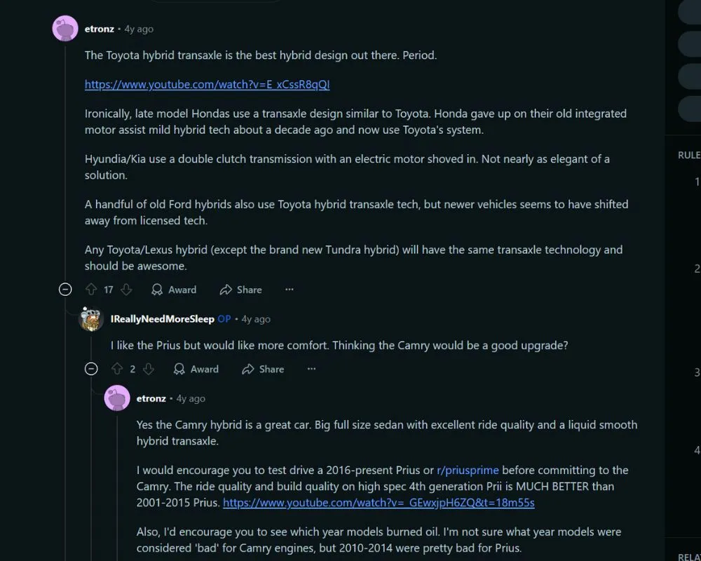 Screenshot of reddit thread where users are sharing their experience of owning the Toyota Prius. 