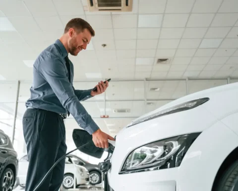 A man inspects a used white electric vehicle inside a dealership, holding a charging cable in one hand and a smartphone in the other, checking battery stats or service history before buying a used EV.