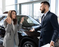 A woman and a man, possibly a car salesperson, stand next to a black car in a modern dealership. The woman looks surprised and gestures with her hands while the man, dressed in a suit, tries to explain something. The setting suggests a disagreement or confusion during a car buying discussion