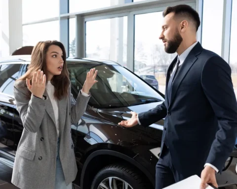 A woman and a man, possibly a car salesperson, stand next to a black car in a modern dealership. The woman looks surprised and gestures with her hands while the man, dressed in a suit, tries to explain something. The setting suggests a disagreement or confusion during a car buying discussion