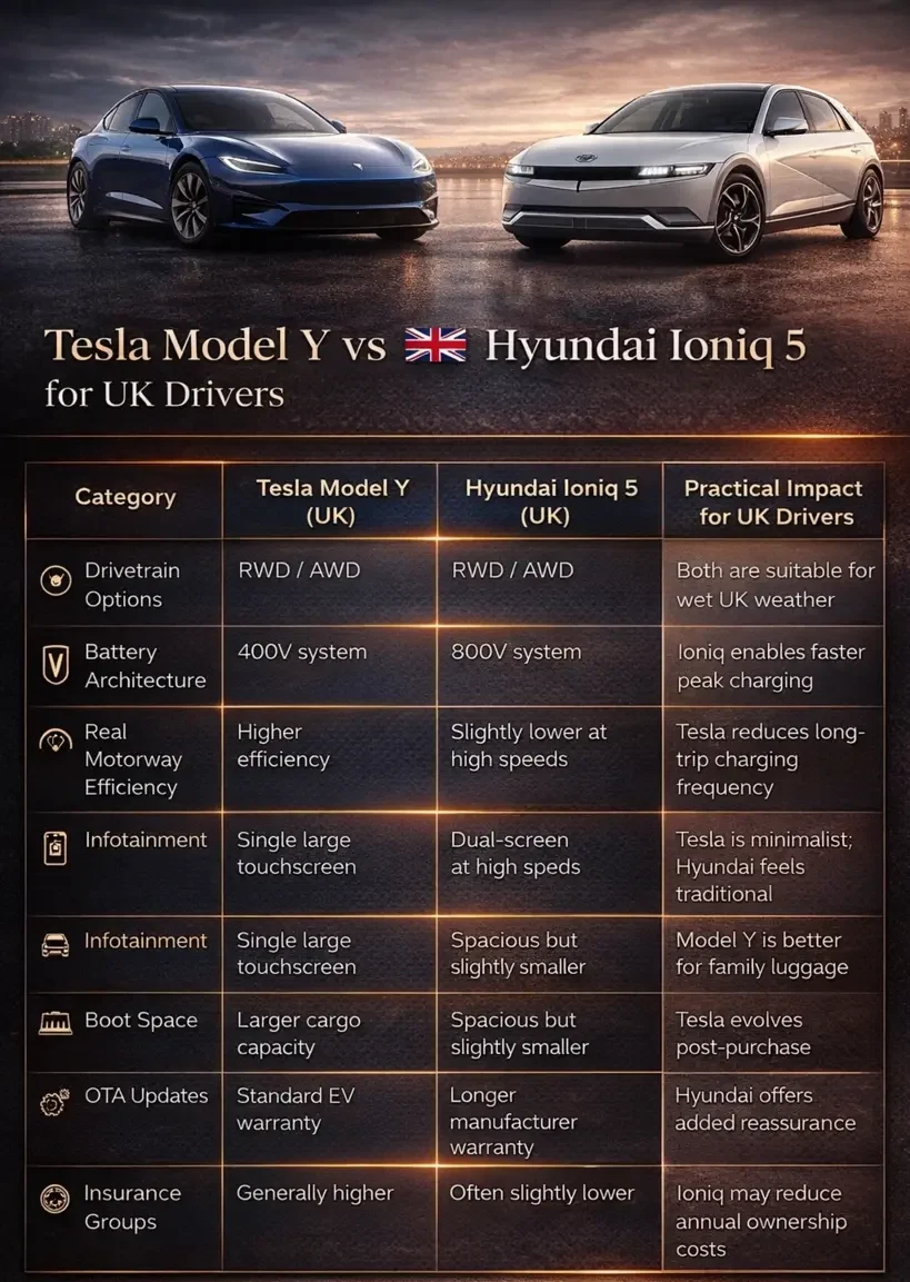 Tesla Model Y vs Hyundai Ioniq 5 table comparisoon