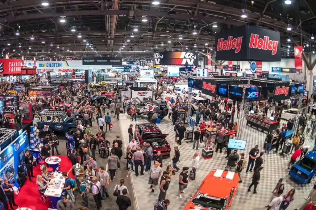 SEMA Show 2026 Las Vegas custom cars exhibition hall crowded with modified vehicles