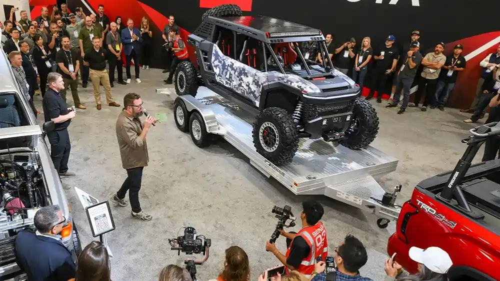 lifted trucks and off-road builds at SEMA Show with oversized tires and suspension kits